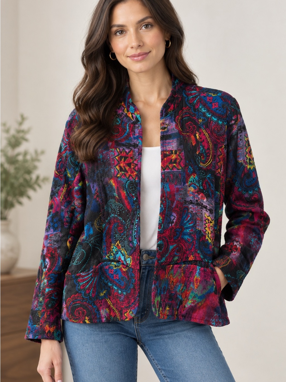 Chico's Size L Multicolor 100% Cotton Long Sleeve Open-Front Blazer Jacket
